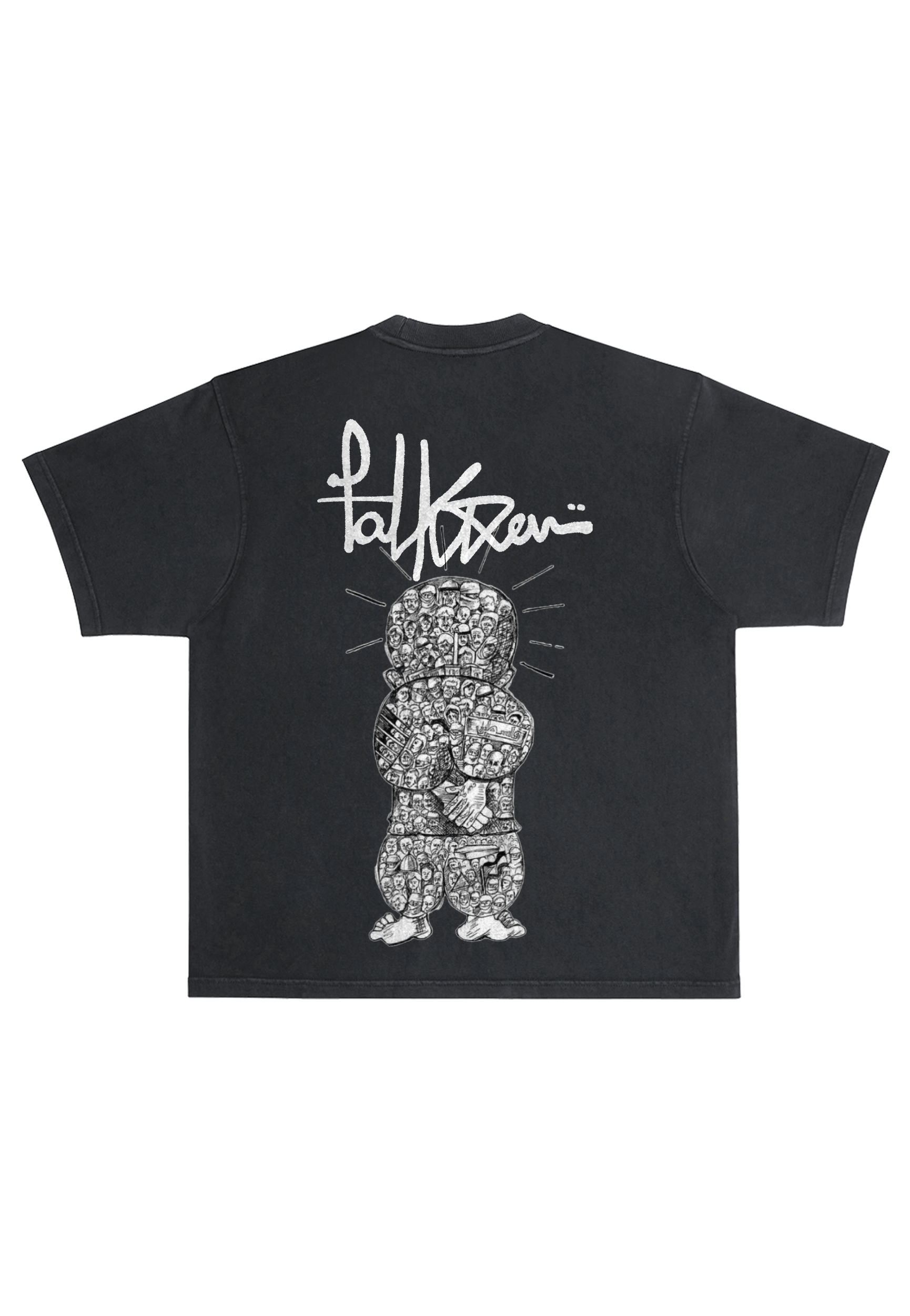 Black heavyweight tee with a graphic print on the front featuring a character illustration.